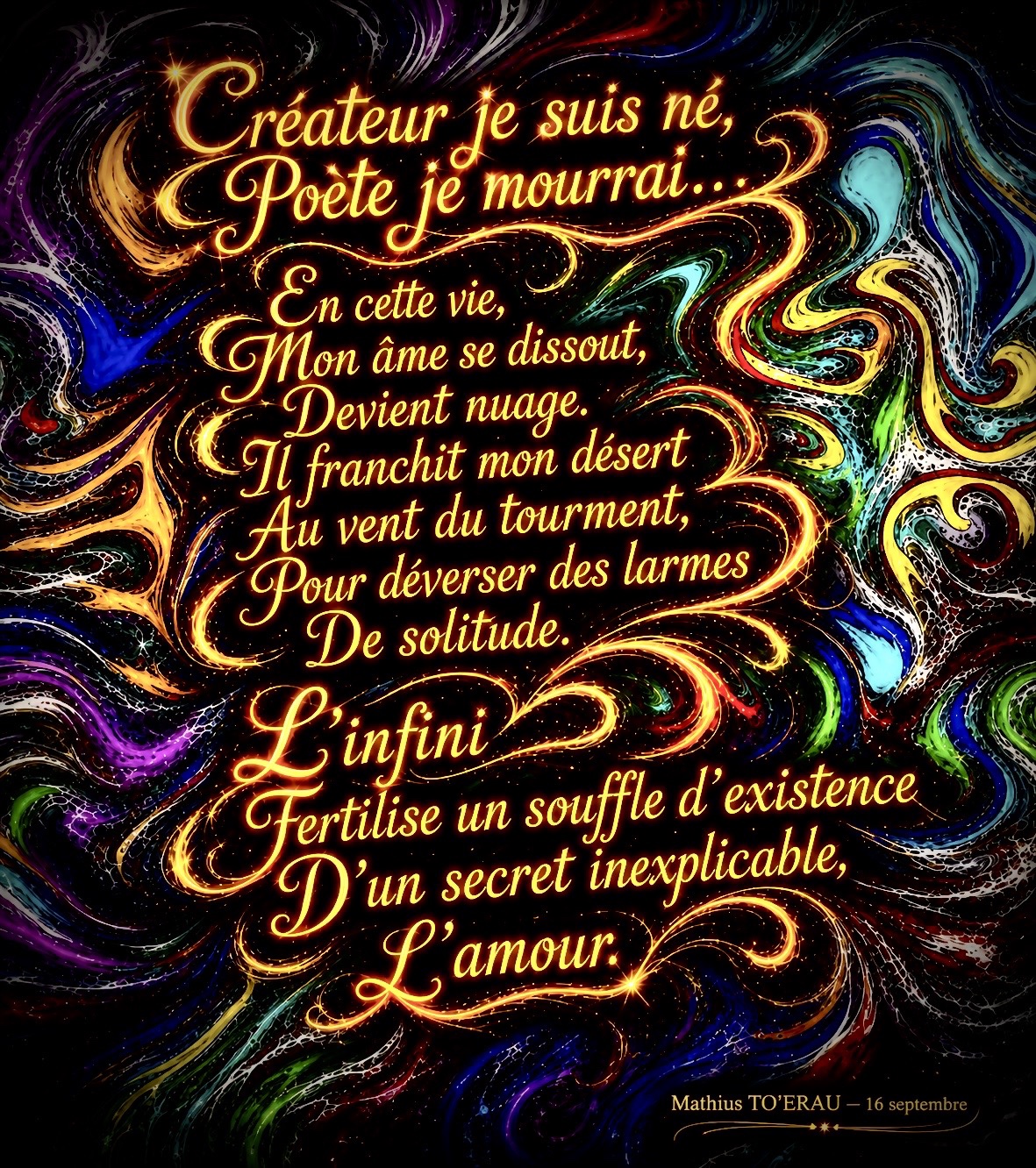 Créateur je suis né, poète je mourrai… — Mathius TO’ERAU, 16 septembre