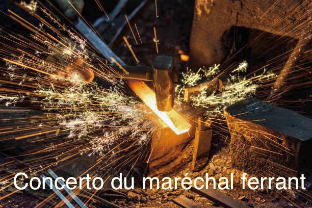 Blacksmith manually forging the molten metal on the anvil with spark fireworks